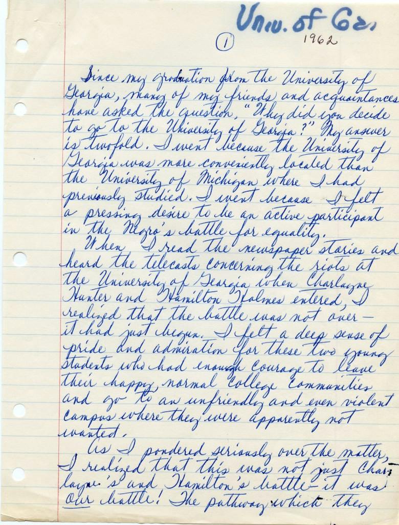 Mary Frances Early's diary entry as a student during her time at UGA.