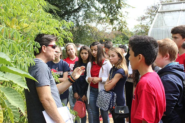 Students listen as Paul Duncan explains medicinal uses for Latin American plants.