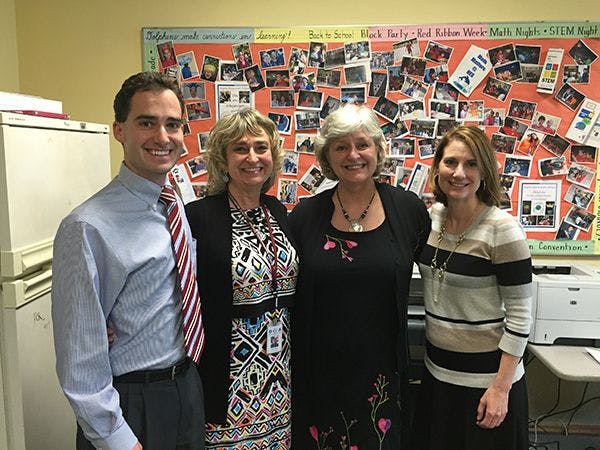 Members of the College of Education's evaluation team stand for a photo at a DoDEA school in Gricignano di Aversa, Italy, in May 2015. Team members are, from left, Casey Mull, public service associate for 4-H and youth; Noni Hoag of the DoDEA-Europe division, Bonnie Cramond, professor in the College of Education's department of educational psychology; and Karen DeMeester, director of the Performance Evaluation Group at the College of Education.